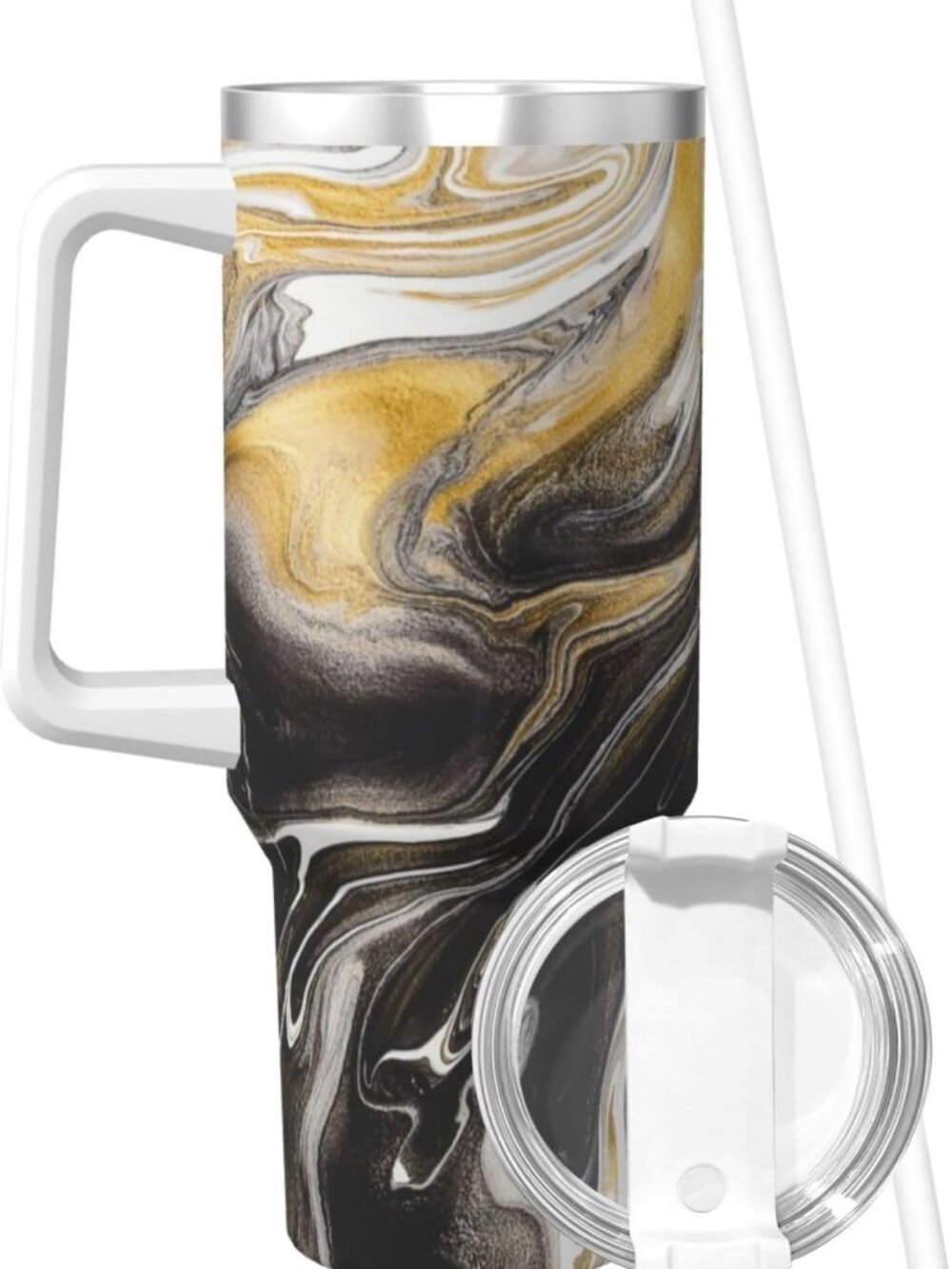Abstract Black & Gold Marble 40oz Insulated Tumbler with Handle & Straw - Travel